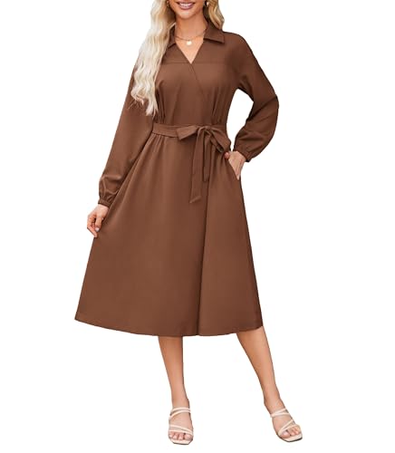 GRACE KARIN Damen Reverskleid Mit V-Ausschnitt Elegant Lange Ärmel Blusenkleid Mit Gürtel Braun S von GRACE KARIN