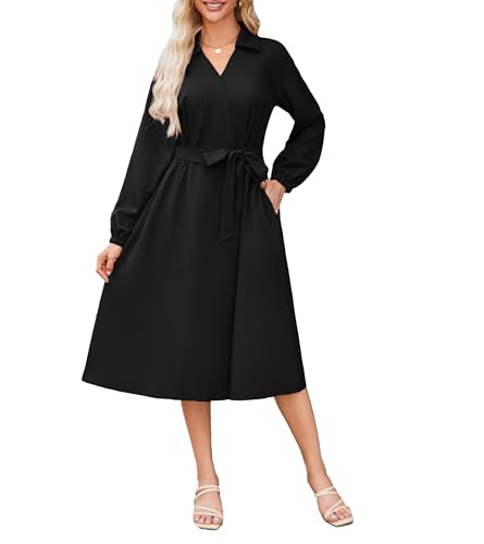 GRACE KARIN Damen Reverskleid Mit V-Ausschnitt Elegant Lange Ärmel Blusenkleid Mit Gürtel Schwarz S von GRACE KARIN