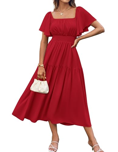 GRACE KARIN Damen Rockabilly Kleid Elegant Lang Abendkleid Quadratischer Ausschnitt A-Linie Kleid Rot S von GRACE KARIN