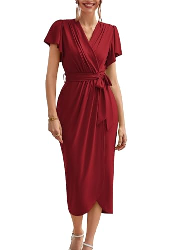 GRACE KARIN Damen Rockabilly Partykleid Cross V-Ausschnitt Cocktailkleid Schlank Vintage Wickelkleid Bauchweg Faltenrock Weinrot XXL von GRACE KARIN