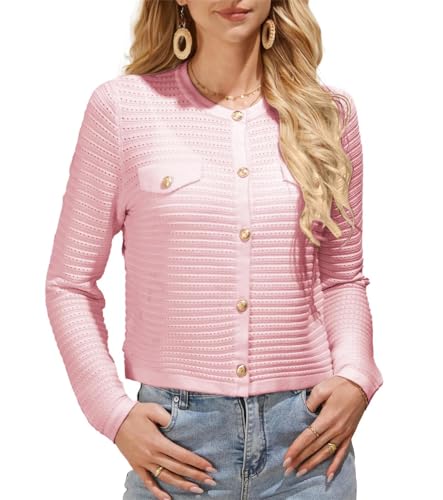 GRACE KARIN Damen Rosae Langarm Strickjacke Open Front mit Knopfleidte Bolero Elegant Gestrickt Jacke Frühling Outwear Beige Rosa L von GRACE KARIN