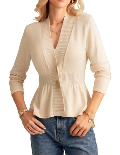 GRACE KARIN Damen Rüschensaum Casual Strickmantel V-Aussschnitt Langarm Strick Cardigan Aprikose XL von GRACE KARIN