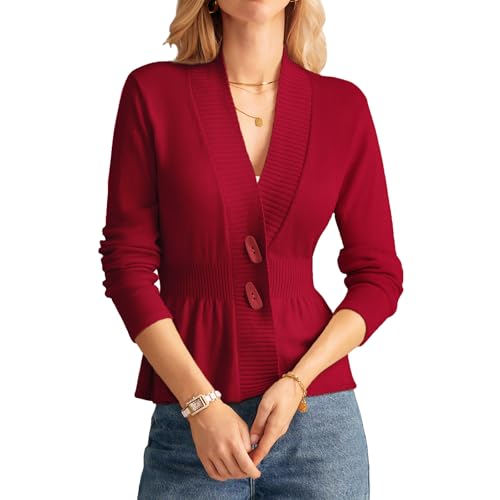 GRACE KARIN Damen Rüschensaum Casual Strickmantel V-Aussschnitt Langarm Strick Cardigan Dunkelrot XL von GRACE KARIN