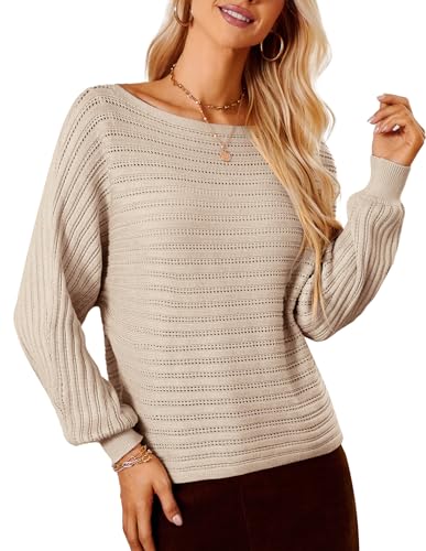 GRACE KARIN Damen Rundhals Pullover Herbst Basic Strick Langarmshirt Elegant Bootskragen Strickpullover Aprikose 2XL von GRACE KARIN