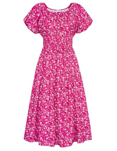GRACE KARIN Damen Rundhalsausschnitt Elastische Taille Kleid Off Shoulder Kurzarm A-Linie Freizeitkleid Boho Strand Midikleid mit Taschen Rosa-weiße kleine Blumen M von GRACE KARIN