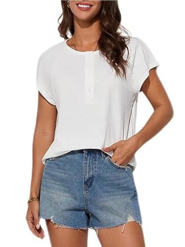 GRACE KARIN Damen Rundhalsausschnitt T-Shirt Half Placket Button-Up Short Sleeve Top Casual Summer Blouse Lightweight Breathable Pullover Weiß XXL von GRACE KARIN