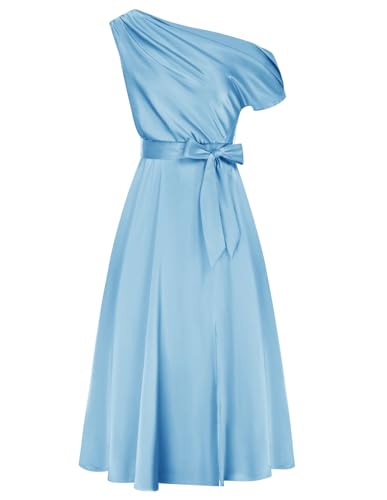 GRACE KARIN Damen Satin Cocktailkleid Schräger Ausschnitt Abendkleid für Hochzeit mit Schleife Gürtel Hellblau XL von GRACE KARIN