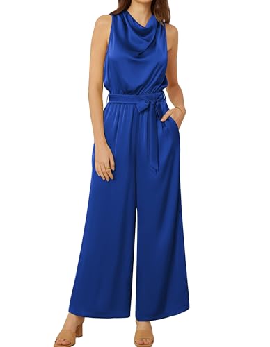 GRACE KARIN Damen Satin-Jumpsuit 2024, ärmellos, mit Gürtel, weites Bein, lässiger Strampler mit Taschen, Königsblau, XX-Large von GRACE KARIN