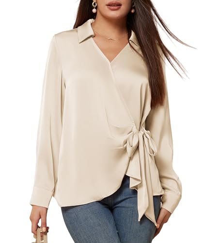 GRACE KARIN Damen Satin Seide Blusen Wrap V Ausschnitt Shirts Langarm Elegante Krawatte Taille Büro Formale Arbeit Tunika Pullover Tops, Beige, XX-Large von GRACE KARIN