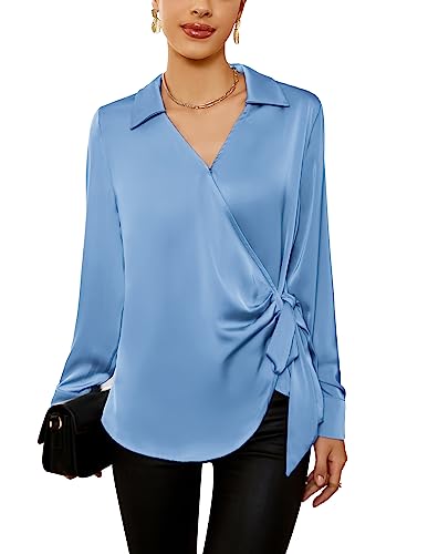 GRACE KARIN Damen Satin Seide Blusen Wrap V Ausschnitt Shirts Langarm Elegante Krawatte Taille Büro Formale Arbeit Tunika Pullover Tops, Blau, Groß von GRACE KARIN