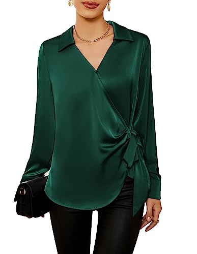 GRACE KARIN Damen Satin Seide Blusen Wrap V Ausschnitt Shirts Langarm Elegante Krawatte Taille Büro Formale Arbeit Tunika Pullover Tops, Dunkelgrün, X-Groß von GRACE KARIN