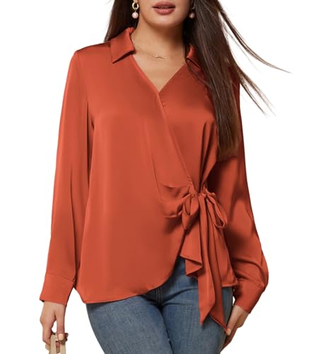 GRACE KARIN Damen Satin Seide Blusen Wrap V Ausschnitt Shirts Langarm Elegante Krawatte Taille Büro Formale Arbeit Tunika Pullover Tops, Orange/Abendrot im Zickzackmuster (Sunset Chevron), X-Groß von GRACE KARIN