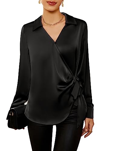 GRACE KARIN Damen Satin Seide Blusen Wrap V Ausschnitt Shirts Langarm Elegante Krawatte Taille Büro Formale Arbeit Tunika Pullover Tops, Schwarz, Groß von GRACE KARIN