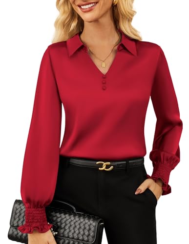 GRACE KARIN Damen Satin Top Langarm Bluse Shirt Elegant Seide Oberteile Rot XXL von GRACE KARIN