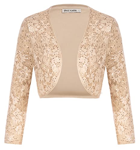 GRACE KARIN Damen Schimmernder Pailletten Bolero Langarm Disco Strahlender Kurz Cardigan Aprikose L von GRACE KARIN