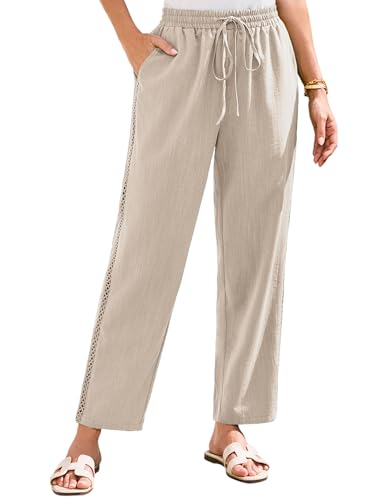 GRACE KARIN Damen-Schnürhose Weite lockere Hose hohe Taille seitliche Spitzennähte Kordelzughose mit Taschen Aprikose XL von GRACE KARIN