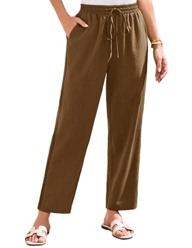 GRACE KARIN Damen-Schnürhose Weite lockere Hose hohe Taille seitliche Spitzennähte Kordelzughose mit Taschen Khaki M von GRACE KARIN