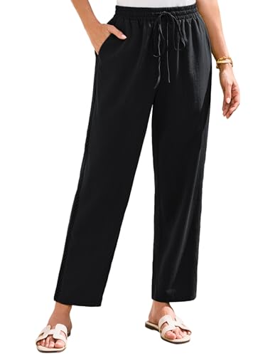 GRACE KARIN Damen-Schnürhose Weite lockere Hose hohe Taille seitliche Spitzennähte Kordelzughose mit Taschen Schwarz M von GRACE KARIN