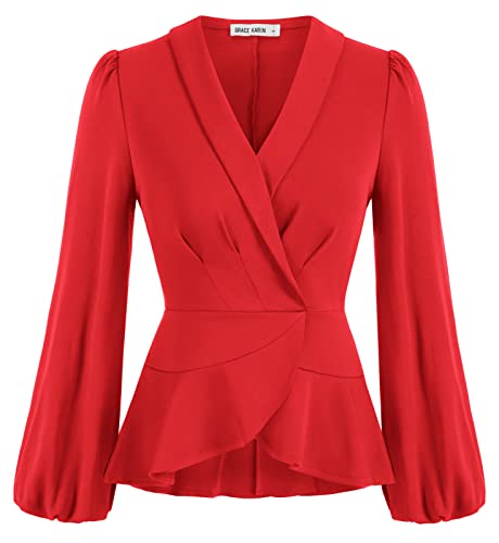 GRACE KARIN Damen Schößchen Tops Elegant Wrap V Ausschnitt Lange Laterne Ärmel Arbeit Bluse Büro Top, Rot/Ausflug, einfarbig (Getaway Solids), Klein von GRACE KARIN