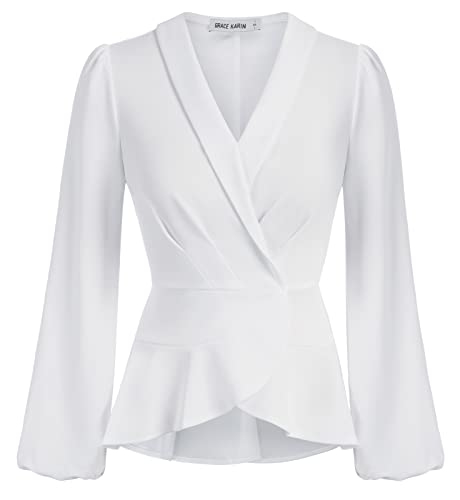 GRACE KARIN Damen Schößchen Tops Elegant Wrap V Ausschnitt Lange Laternenärmel Arbeitsbluse Büro Top, Weiss/opulenter Garten, XX-Large von GRACE KARIN