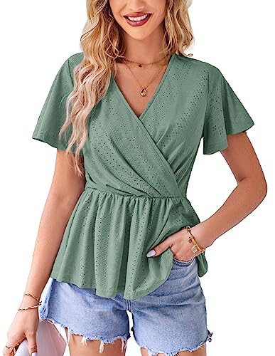 GRACE KARIN Damen Schößchen Tops Wickel V-Ausschnitt Ösen Top Rüschen Ärmel 2023 Sommer Casual T Shirts, Grün , Mittel von GRACE KARIN