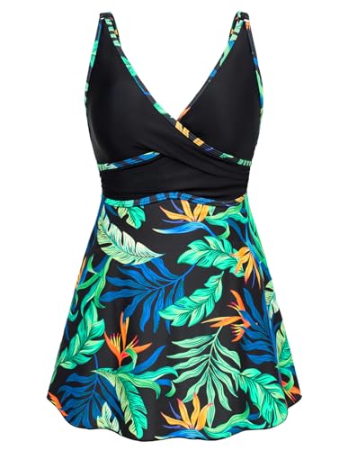 GRACE KARIN Damen Schwarz Tankini Set Zweiteiler Badeanzug Tankinis mit Badeshorts Beachwear Sportlich Badekleid Baderock 2XL Schwarz-Grüne Blume CL2697S24-04 von GRACE KARIN