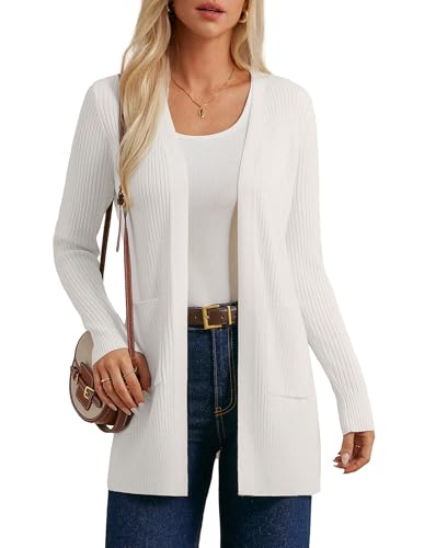 GRACE KARIN Damen Schwarze Einfarbige Strickjacke Langarm Öffnung Vorne Cardigan Übergangszeit Strickjacke Weiß M von GRACE KARIN