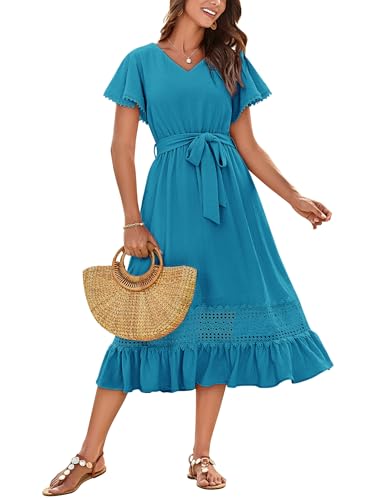 GRACE KARIN Damen Seiden Halblange Ärmel Elegante A-Linien Freizeit Cocktailkleid mit V-Ausschnitt Rock und Gürtel Blaugrün von GRACE KARIN