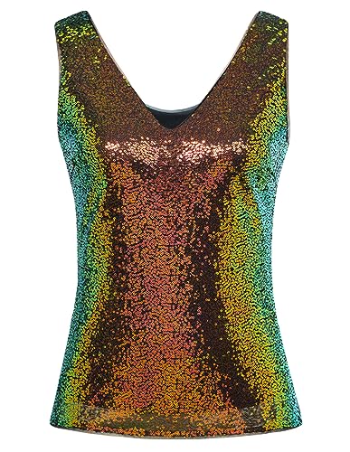 GRACE KARIN Damen Sexy Pailletten Tops Sparkling Tank Top Sparkle Shimmer Bluse Ärmellos V-Ausschnitt Weste XL Schwarz-Gold CL0813A21-10 von GRACE KARIN