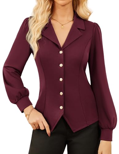 GRACE KARIN Damen Slim Fit Wickelbluse Business Büro Bluse V-Ausschnitt Elegante Formelle Elegante Langarmshirt Dunkelrot M von GRACE KARIN