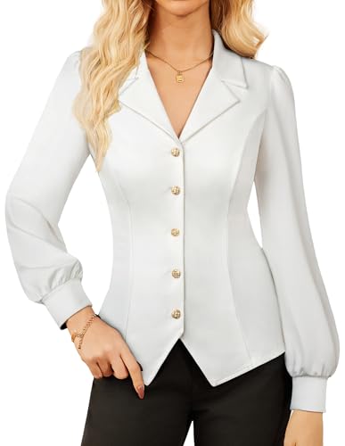 GRACE KARIN Damen Smart Casual Button Konpf Langarmshirt V-Ausschnitt Wickelbluse Business Büro Kleidung Weiß XL von GRACE KARIN