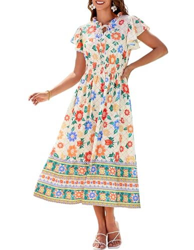 GRACE KARIN Damen Sommer A-Linie Fließendes Bohokleid Rundhals High Waist Party Hochzeit Kleid Grün Blumen-Aprikose XXL von GRACE KARIN