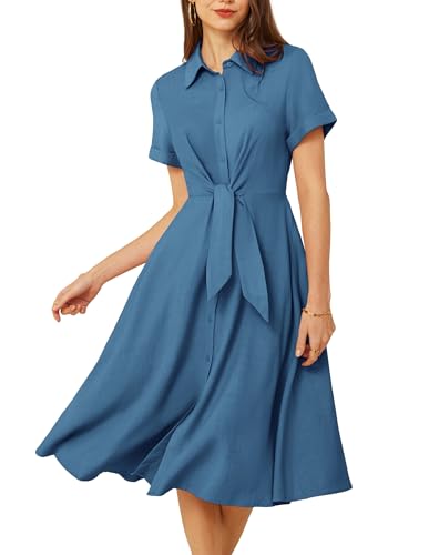 GRACE KARIN Damen Sommer A-Linie Freizeitkleid mit Knopfleiste Elegant Knielang Kurzarm Reverskragen Blusenkleid Midikleid Blau 2XL von GRACE KARIN