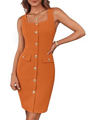 GRACE KARIN Damen Sommer Ärmelloses Bodycon Midi Kleid Business Work Buttons Belted Square Neck Kleid Orange L von GRACE KARIN