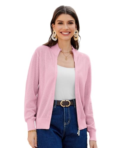 GRACE KARIN Damen Sommer Atmungsaktive Mesh Cardigan Lässig Langarm Leichte Pullover Rosa M von GRACE KARIN