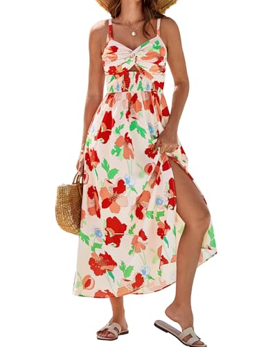 GRACE KARIN Damen Sommer Blumenkleid Ärmellos Böhmisch Casual Maxikleid Strandkleider Spagettiträgern Freizeitkleid Rot XXL von GRACE KARIN