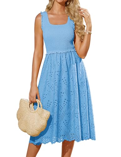 GRACE KARIN Damen Sommer Bohokleider Gerafftes Slim Fit Tailliertes Freizeitkleid Casual Frühling Gartenparty Urlaub Strand Kleid mitTaschen Hellblau XXL von GRACE KARIN