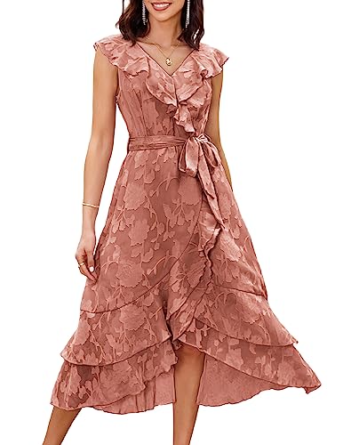 GRACE KARIN Damen Sommer Brautjungfernkleider für Hochzeit V Ausschnitt Rüschen Party Cocktailkleider Chiffon Flowy Wickelkleid, Pink, XX-Large von GRACE KARIN