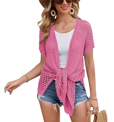 GRACE KARIN Damen Sommer Cardigan Ausgehöhlt Elegant Leicht Mit Fledermausärmeln Strickjacke Rosenrot L von GRACE KARIN