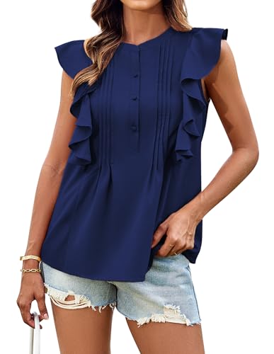 GRACE KARIN Damen Sommer Casual Basic Rundhals T-Shirt Rüschentop Ärmellose Tops Ausgehtops Dunkelblau M von GRACE KARIN