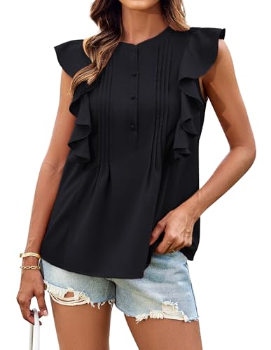 GRACE KARIN Damen Sommer Casual Basic Rundhals T-Shirt Rüschentop Ärmellose Tops Ausgehtops Schwarz M von GRACE KARIN