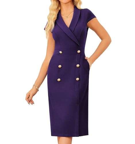 GRACE KARIN Damen Sommer Casual V-Ausschnitt Bleistiftkleid Elegant Knielang Schickes Zweireihiges Alltagskleid Lila 40 von GRACE KARIN