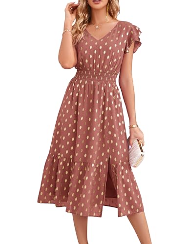 GRACE KARIN Damen Sommer Elegant Abendkleid mit Schlitz V-Neck Kurzarm Freizeitkleid für Urlaub, Farbe: Zimtrosa, Größe: XXL von GRACE KARIN