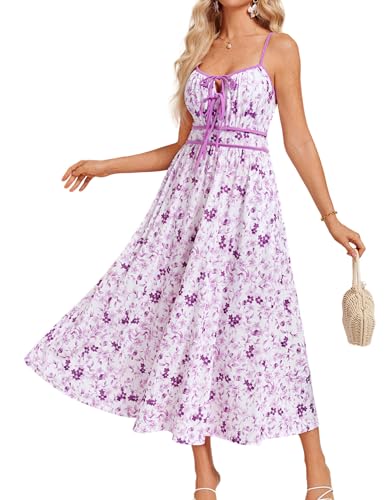 GRACE KARIN Damen Sommer Freizeitkleid A-Linie V-Ausschnitt Kleid langes Blumenkleid Ärmellos Strappy Floral Boho Kleid Spaghetti Strap Flowy Beach Maxikleid Strandkleider Urlaub Lila L von GRACE KARIN