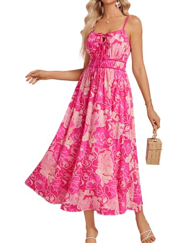 GRACE KARIN Damen Sommer Freizeitkleid A-Linie V-Ausschnitt Kleid langes Blumenkleid Ärmellos Strappy Floral Boho Kleid Spaghetti Strap Flowy Beach Maxikleid Strandkleider Urlaub Rosenrot L von GRACE KARIN