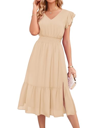 GRACE KARIN Damen Sommer Freizeitkleid Einfarbig A-Linie Strandkleid mit Rüschen Ärmel Einfarbig-Aprikose S von GRACE KARIN