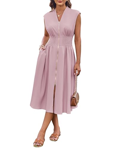 GRACE KARIN Damen Sommer Freizeitkleid V-Ausschnitt Flügelärmeln Reißverschluss vorne Fließendes Midikleid mit Taschen Graurosa M von GRACE KARIN