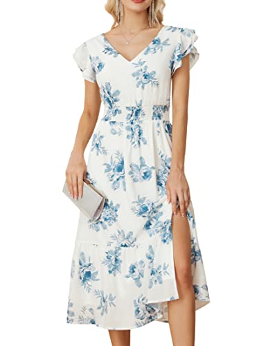 GRACE KARIN Damen Sommer Freizeitkleid für Strand Casual Lässig Party Kleid für Hochzeit Abendkleid mit Schlitz, Farbe: Blaue Blumen auf Weiß, Größe: S von GRACE KARIN