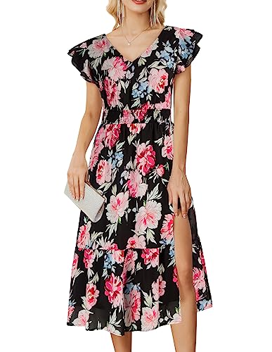 GRACE KARIN Damen Sommer Freizeitkleid für Strand Casual Lässig Party Kleid für Hochzeit Abendkleid mit Schlitz, Farbe: Rote Blumen auf Schwarz, Größe: S von GRACE KARIN