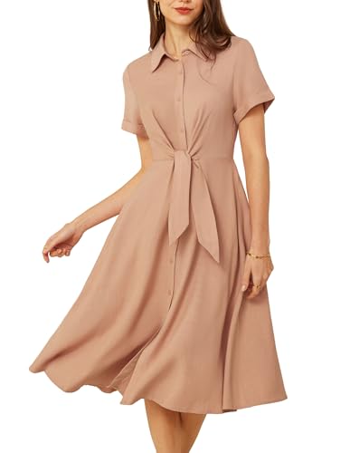 GRACE KARIN Damen Sommer Freizeitkleid mit Taschen Knielang Reverskragen A-Linie Midikleid Helltaupe L von GRACE KARIN